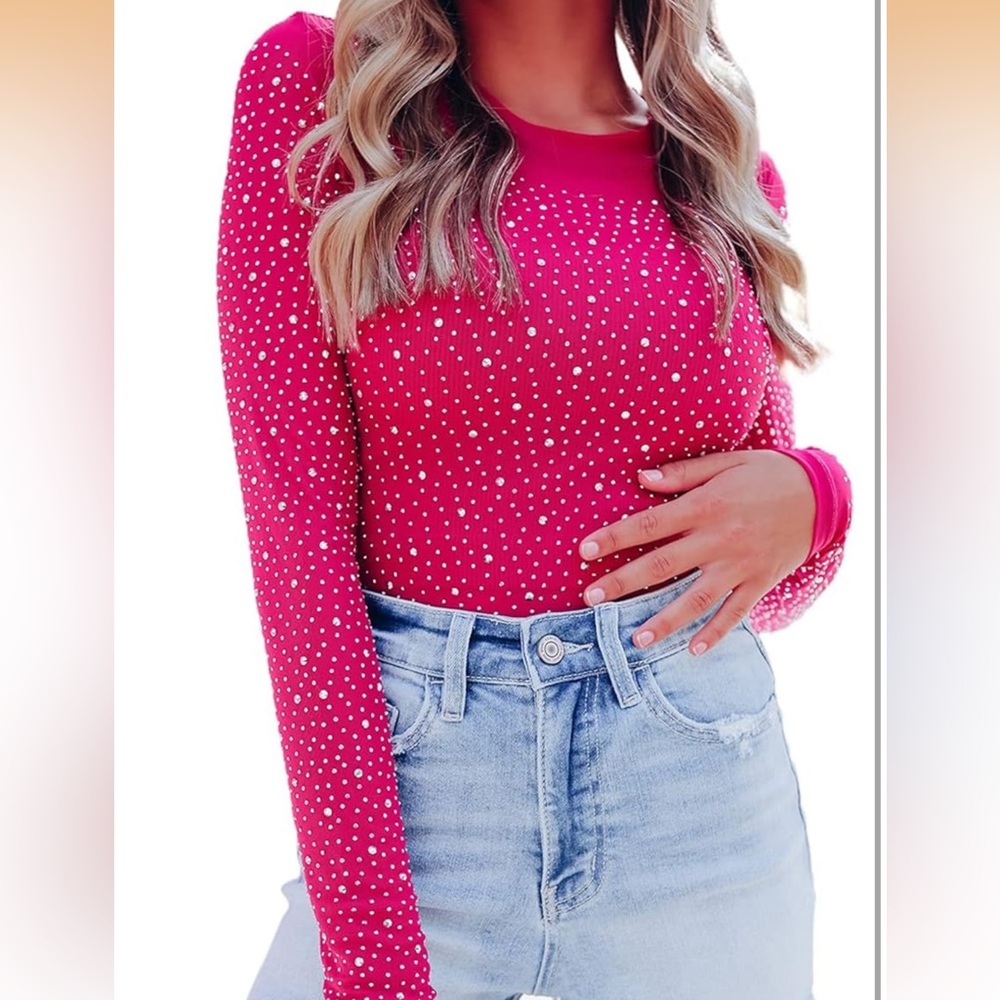 Pink Long Sleeve Bodysuit with Rhinestones